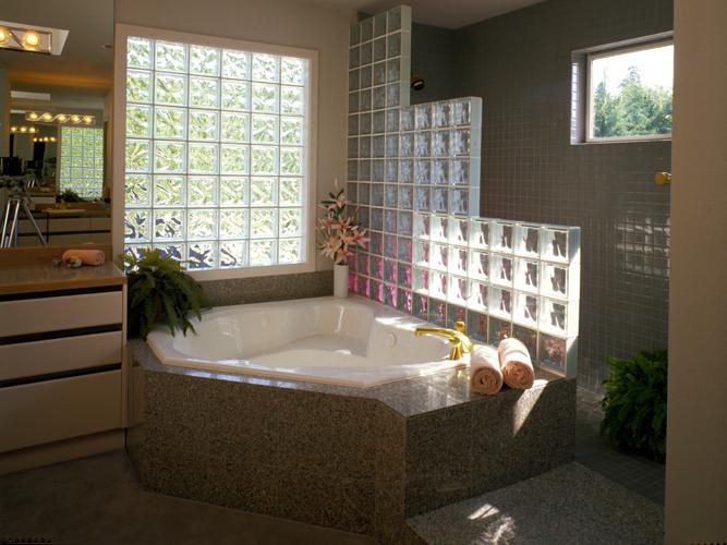 partition of glass blocks in the bathroom