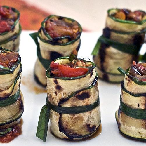 Delicious appetizer - eggplant roll with cheese and garlic