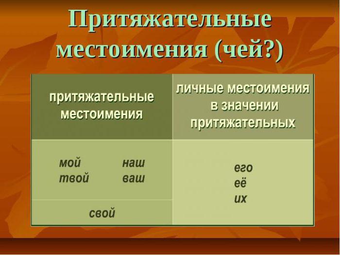 Possessive pronouns in the Russian language. Examples.