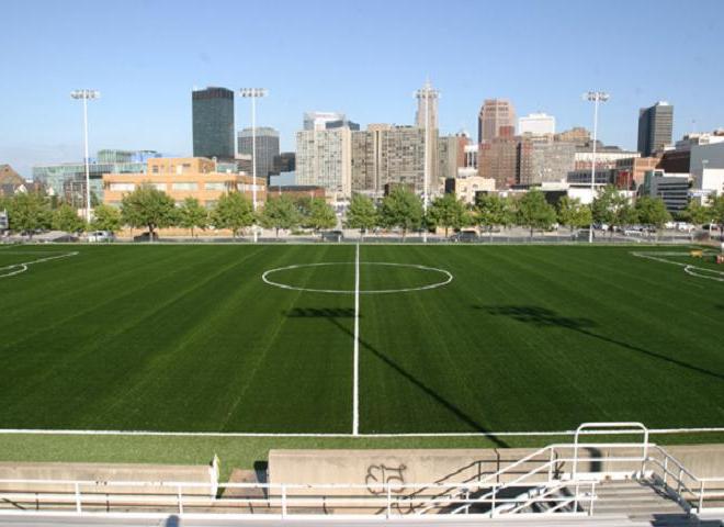 The football field has special markings and certain sizes