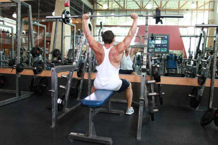 Delt training: barbell press with standing chest, barbell press due to head, inclined barbell bench press